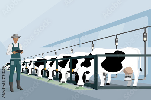 Modern black african american farmer with tablet on a dairy farm. Smart farming. Vector illustration EPS 10