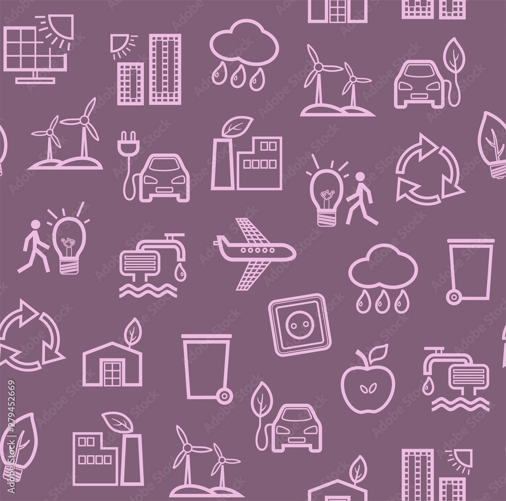 Eco-friendly technology, seamless pattern, purple, contour drawing, color, vector. Clean energy, fuel and food production. Seamless color background. Future technology. Eco-friendly technology, seamless pattern, purple, contour drawing, color, vector. Clean energy, fuel and food production. Seamless color background. Future technology.