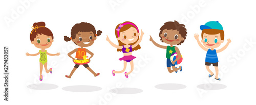 Diverse Group Of Kids Jumping isolated on white background, Happy Children with summer costume. Vector cartoon illustration