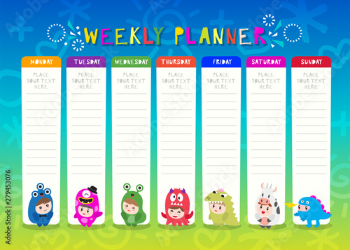 Kids weekly planner with cute monster cartoon characters. A timetable for elementary school. Children schedule design template Vector illustration.