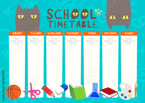 Kids weekly planner with funny cat cartoon characters. A school timetable with stationery clip art. Children schedule design template Vector illustration.