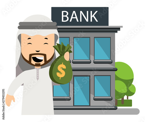 Arab at the bank, illustration, vector on white background.