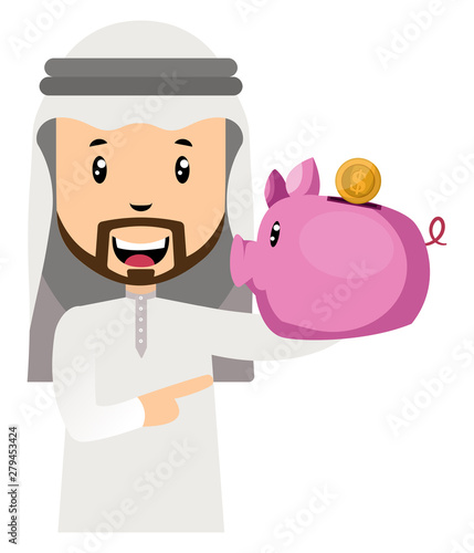 Arab with piggy bank, illustration, vector on white background.