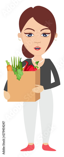 Woman holding bag with groceries, illustration, vector on white background.