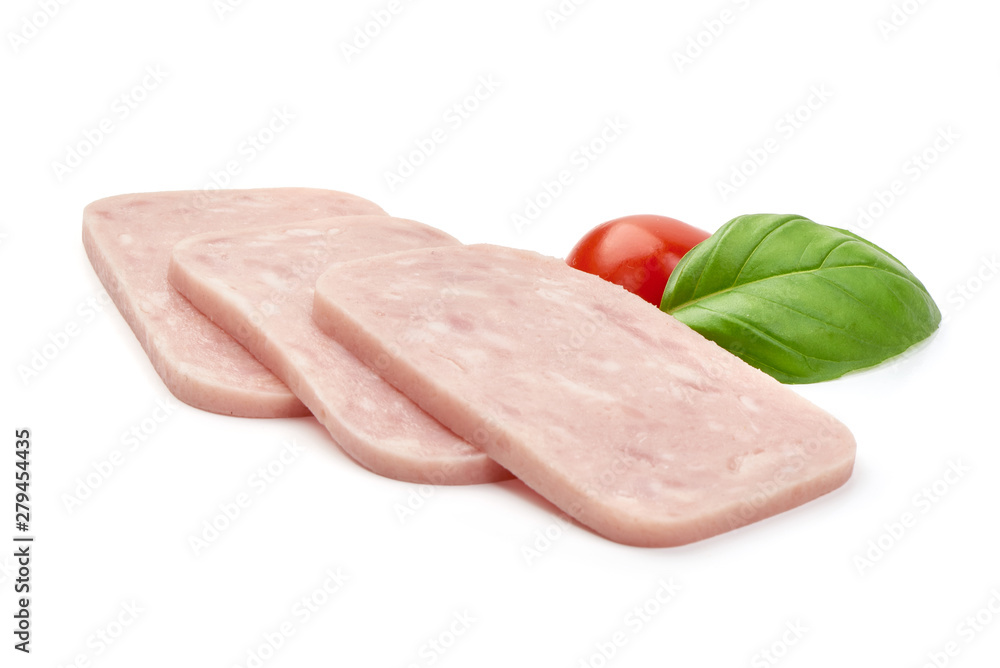 Sliced boiled ham sausage, close-up, isolated on white background