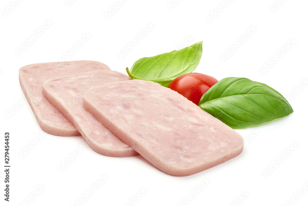 Boiled ham sausage slices, close-up, isolated on white background Boiled ham sausage slices, close-up, isolated on white background