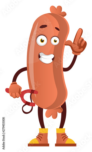 Sausage with sling shot, illustration, vector on white background.