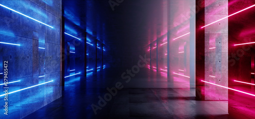 Retro Modern Futuristic Purple Blue Red Sci Fi Vibrant Neon Light Shapes Laser Beams Grunge Concrete Reflective Tunnel Corridor Hall Garage Underground 3D Rendering