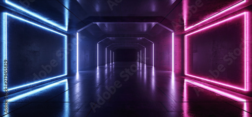 Fototapeta Naklejka Na Ścianę i Meble -  Retro Modern Futuristic Purple Blue Red Sci Fi Vibrant Neon Light Shapes Laser Beams Grunge Concrete Reflective Tunnel Corridor Hall Garage Underground 3D Rendering