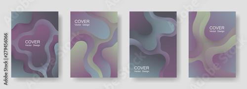 Gradient liquid shapes abstract covers vector set. Digital magazine backgrounds design. Flux paper cut effect blob elements pattern, fluid wavy shapes texture print. Cover templates.