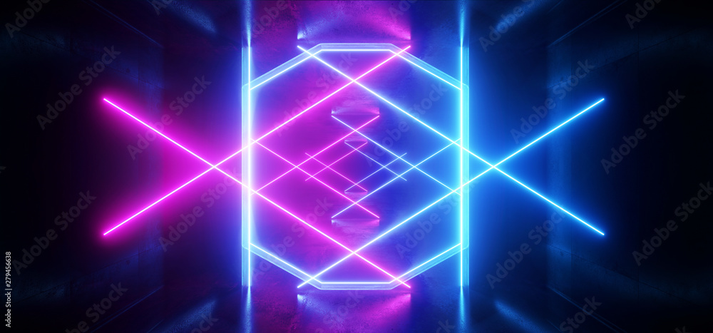 Fototapeta premium Futuristic Sci Fi Laser Neon Shapes Glowing Light Vibrant Purple Blue Stage NIght Club Background Grunge Concrete Dark Tunnel Hall Corridor Garage Fashion Party Reflective 3D Rendering