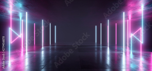 Futuristic Sci Fi Laser Neon Shapes Glowing Light Vibrant Purple Blue Stage NIght Club Background Grunge Concrete Dark Tunnel Hall Corridor Garage Fashion Party Reflective 3D Rendering