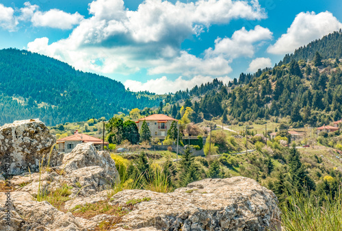 view of mountain village, Baltessiniko in Arcadia, Peloponnese, Greece photo