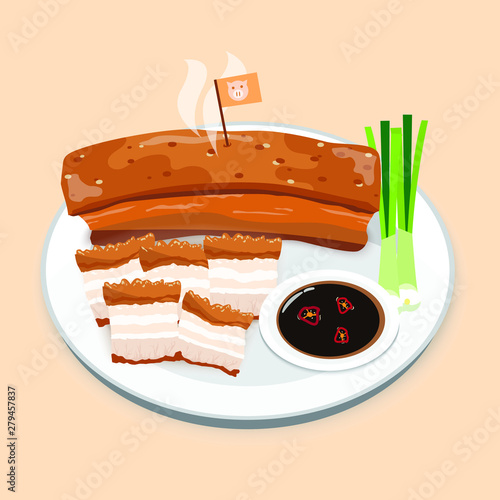 Crispy Pork Belly on Dish Vector