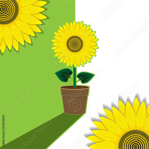 Green-white plant background flower sunflower potted. Background, banner, label, cover. Vector image.