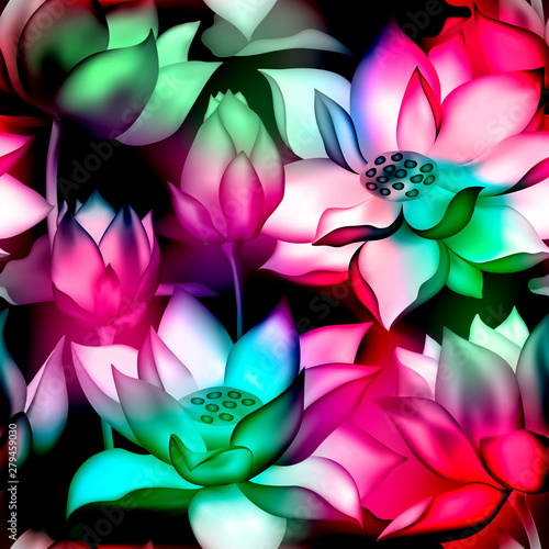 Lotus buds and flowers seamless background., Water lilly nelumbo aquatic plant packaging design.