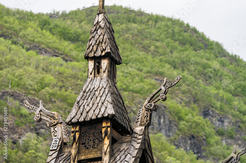 Viking time wood carving art.  Roof detail of Borgund Stave Church (Norwegian: stavkyrkje), situated at The King's Road across Filefjell. Built between 1180 and 1250 AD 