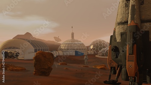 3D rendering. Colony on Mars. Astronaut saluting the UN flag. Exploring Mission To Mars. Futuristic Colonization and Space Exploration Concept.
