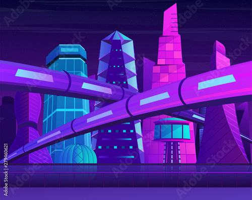 Futuristic neon night city with skyscrapers and railroad. Metropolis in blue violet colors.