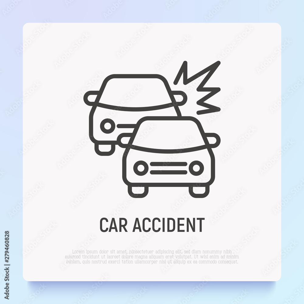 Car accident thin line icon: two cars are crashed each other. Modern vector illustration.
