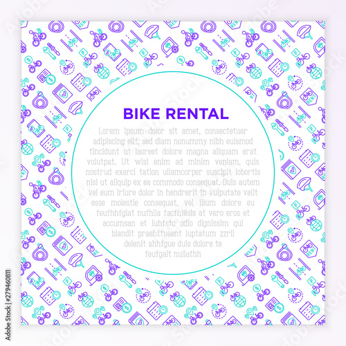 Bike rental concept with thin line icons: rates, bicycle tours, pet trailer, padlock, helmet, child seat, sharing, pointer, deposit, mobile app, cycling route. Vector illustration for sport issues.
