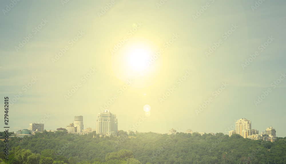Bright yellow sun over green forest. Bright yellow sun over green forest.