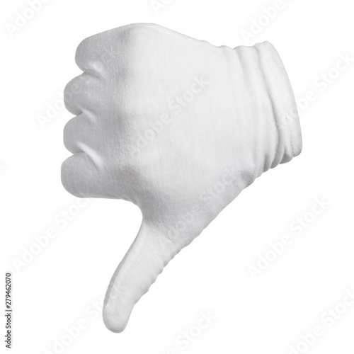 Dislike gesture in a white glove, isolated on white background