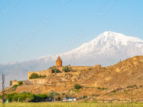 Khor Virap monastery against snow-capped Greater Ararat mountain