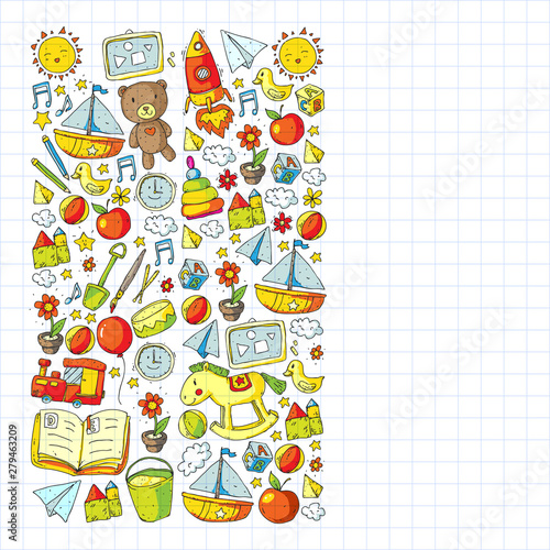 Kindergarten with toys. Pattern for children. Little preschool kids education. Drawing, learning, play