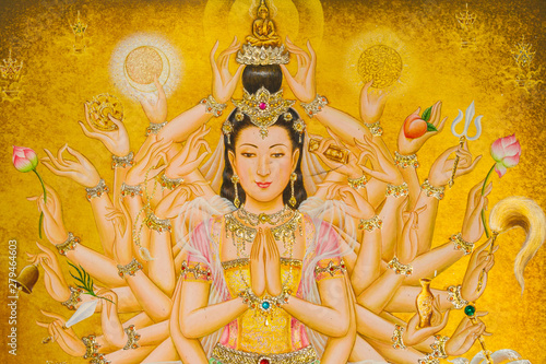 Painting Guanyin Buddha with thousand hands in Thailand
