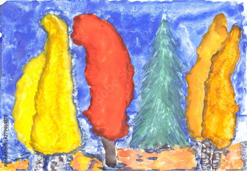 Drawing with watercolors: Abstraction. Autumn. Trees with red, yellow leaves on a blue background.