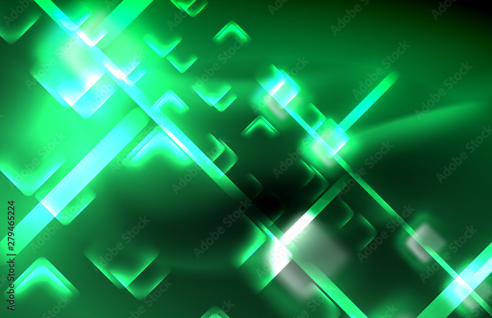 Neon square and line lights on dark background with blurred effects Neon square and line lights on dark background with blurred effects