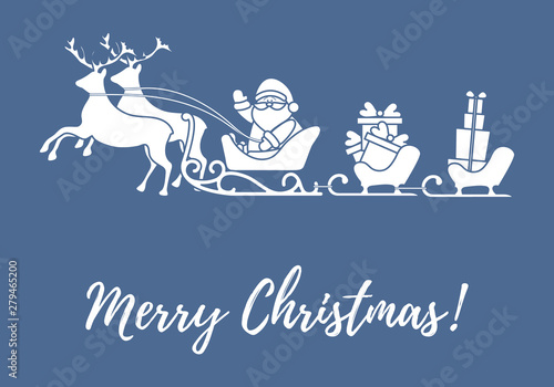 Santa Claus with Christmas presents in sleighs with reindeers. New Year and Christmas illustration.