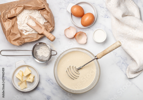 Photography Preparation of dough for home pancakes for Breakfast