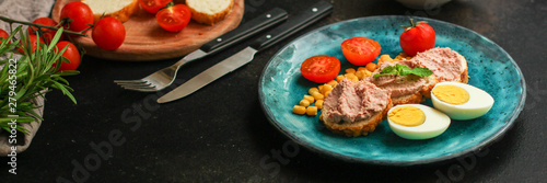 Breakfast snack, tasty food (pate, toast, tomato, corn, egg, coffee). top view. food background