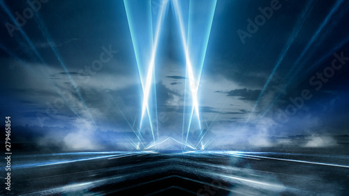 Product showcase spotlight background. Clean photography studio. Abstract blue background with rays of neon light, spotlight, reflection on the asphalt.