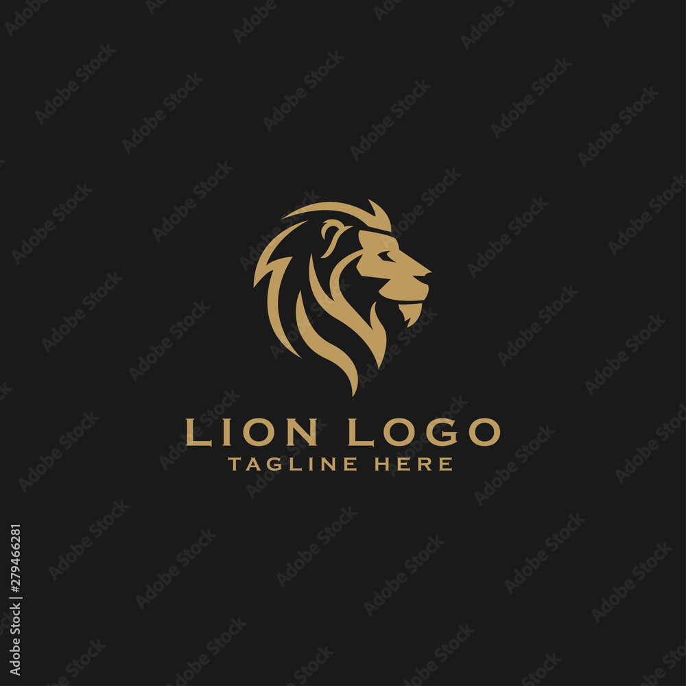 Gold lion head logo vector design template in isolated black background