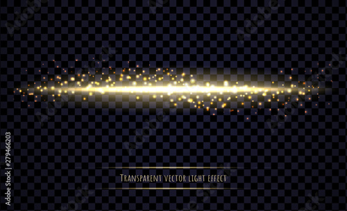 Glowing light beam with sparkles isolated on transparent background. Horizontal ray ligh effect. Vector illustration.