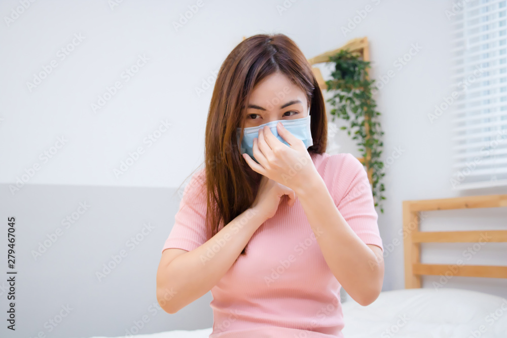 Woman suffer from cough with face mask protection. Woman suffer from cough with face mask protection.