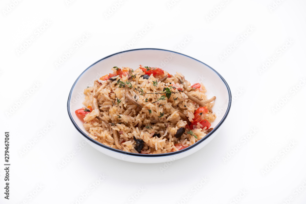 fried rice with tomato and mushroom on isolated white background fried rice with tomato and mushroom on isolated white background