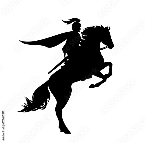 medieval knight riding a horse - horseback soldier with sowrd and flying cloak black vector silhouette photo