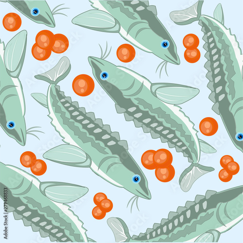 Vector illustration of the decorative pattern of fish sturgeon and roes