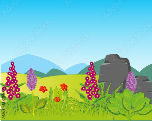 Year landscape glade with plants and distant mountains