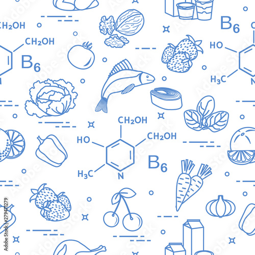 Seamless pattern with foods rich in vitamin B6.