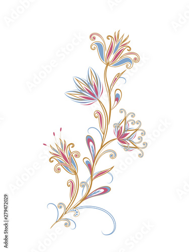 Bouquet of fantastic flowers. Background in ethnic traditional style. Abstract vintage pattern with decorative flowers, leaves and Paisley pattern in Oriental style.