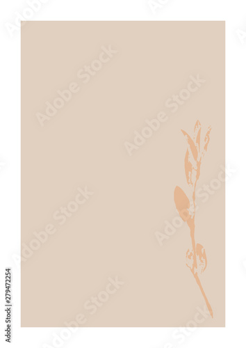 Invitation, card with a minimalist design. Beige background with leaves
