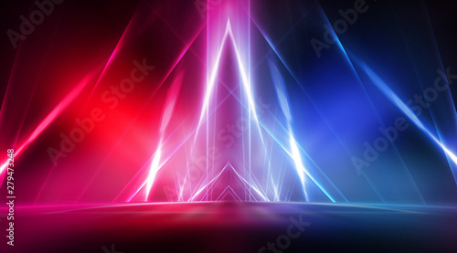 Empty stage, blue and pink, purple neon, abstract background. Rays of searchlights, light, abstract tunnel, corridor.