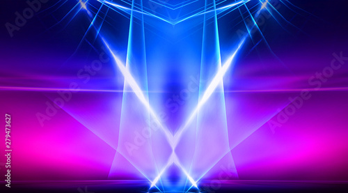 Empty stage, blue and pink, purple neon, abstract background. Rays of searchlights, light, abstract tunnel, corridor.