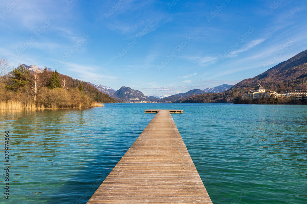 view of the sea and wooden bridge, Fuschlsee, Austria