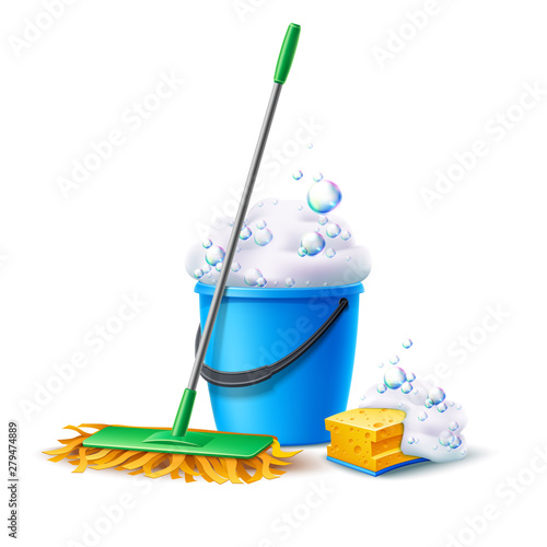 Realistic mop, sponge and bucket full of soapy foam with colorful bubbles. Floor mopping concept for housework design. Vector cleaning service banner. Domestic hygiene household chores 3d poster.